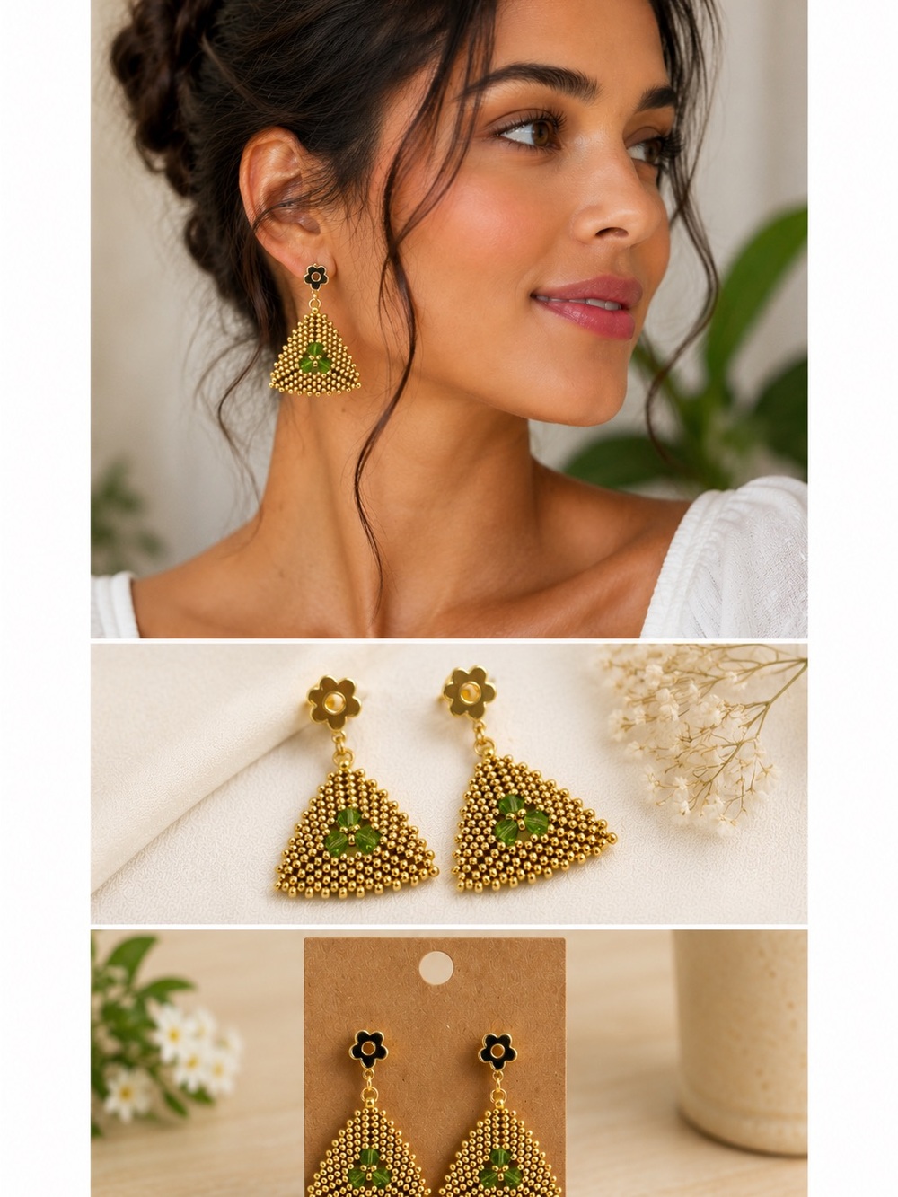 Hand Crafted Gold and Green Beaded Triangle Drop Earrings - Floral Stud